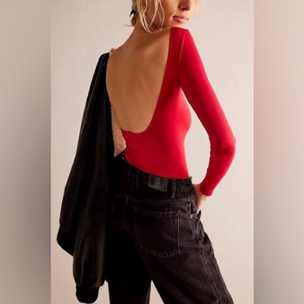 Free People Red Long Sleeve Low Back Bodysuit